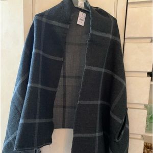 New J Crew shawl wrap. Gray & charcoal plaid with short fringe.-